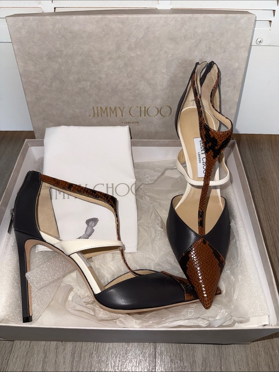Jimmy Choo Shoes - Jimmy Choo Saoni Snake Leather, Calf Leather, Nappa Pointed T-Strap Heels
